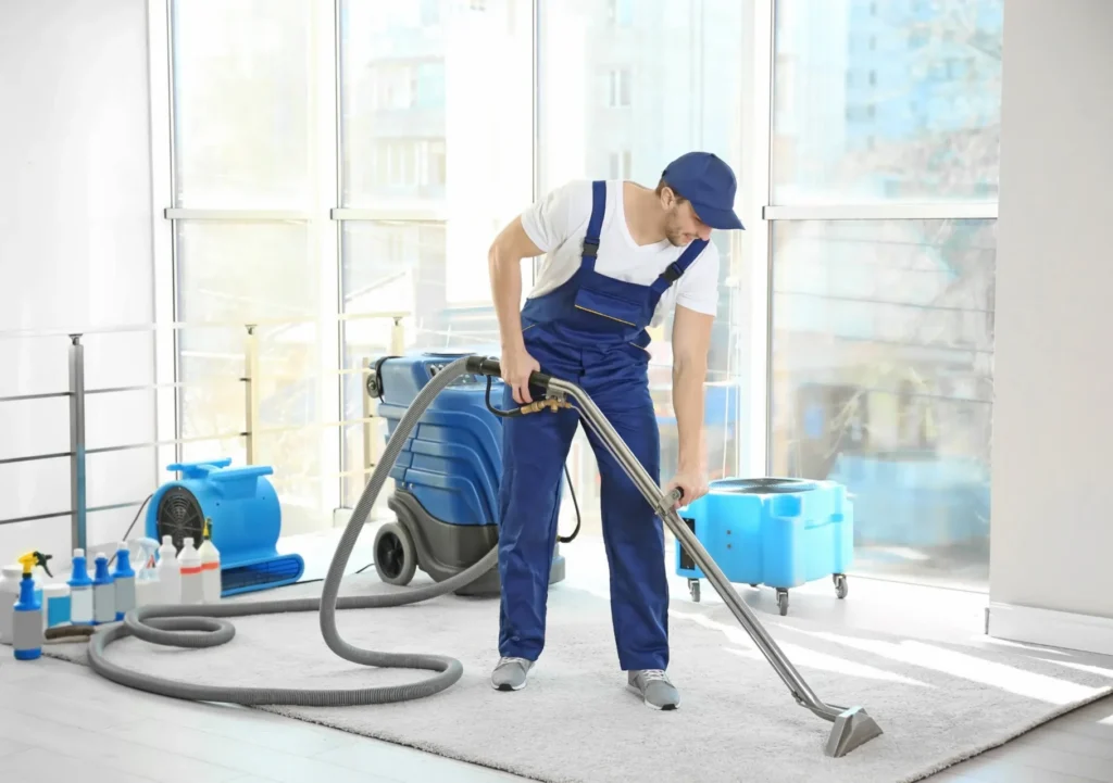 A man in blue overalls cleaning a carpet with a professional carpet cleaning machine.