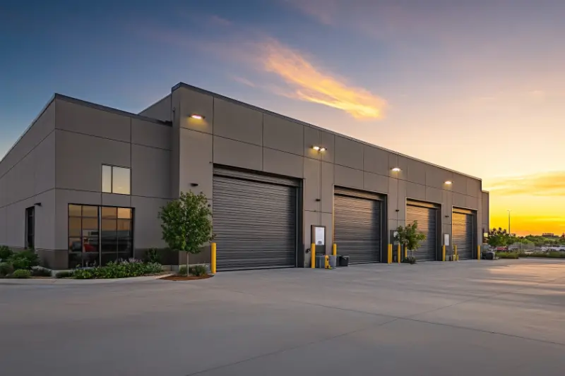 Modern industrial building with four large closed garage doors at sunset.