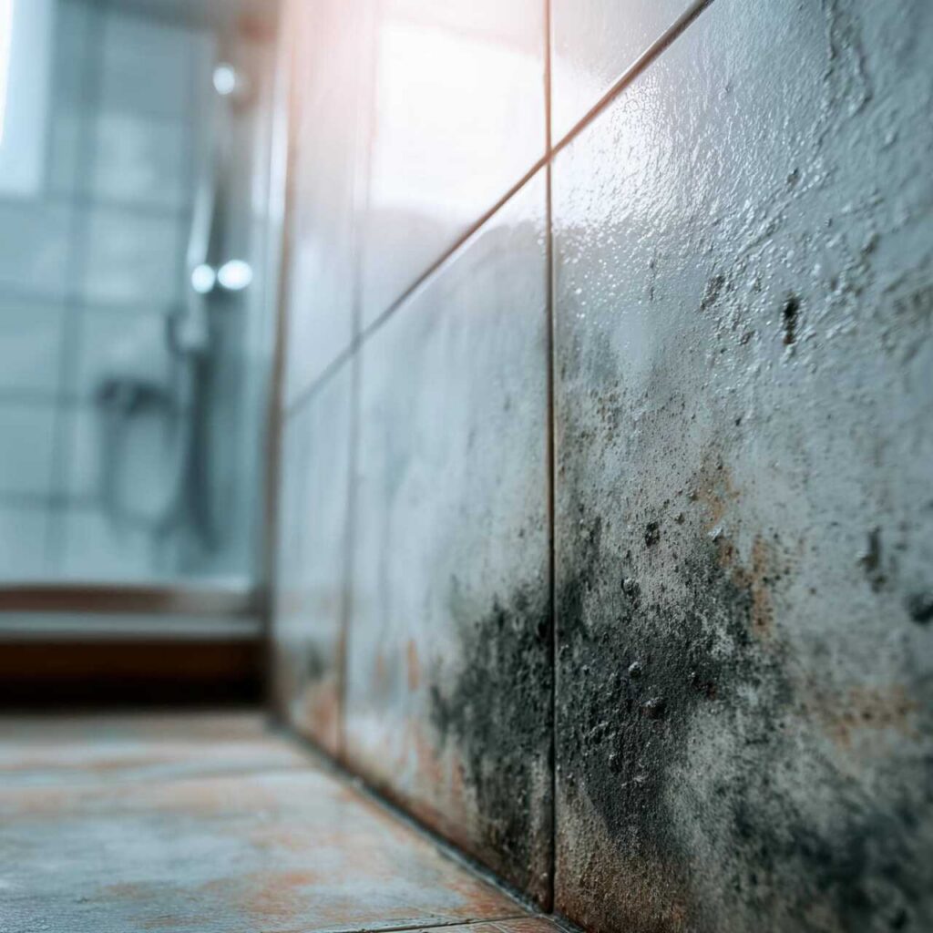Black mold growing on bathroom wall tiles near the floor.