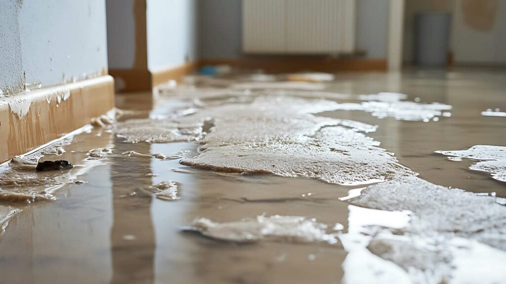 Water damage causing floor swelling and bubbling near a wall inside a room.