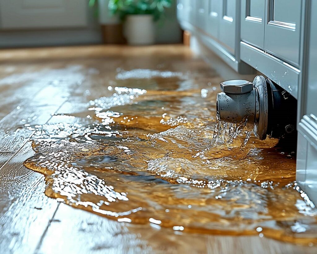 Water leaking from a pipe under a cabinet, flooding a wooden floor.