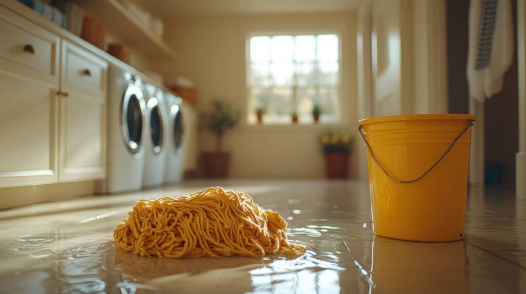 Yellow mop head and bucket on a wet floor in a laundry room with washing machines.