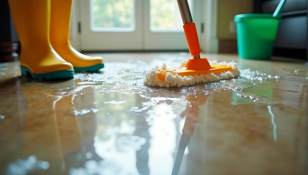 Mop cleaning a wet floor with yellow boots and a green bucket in the background.