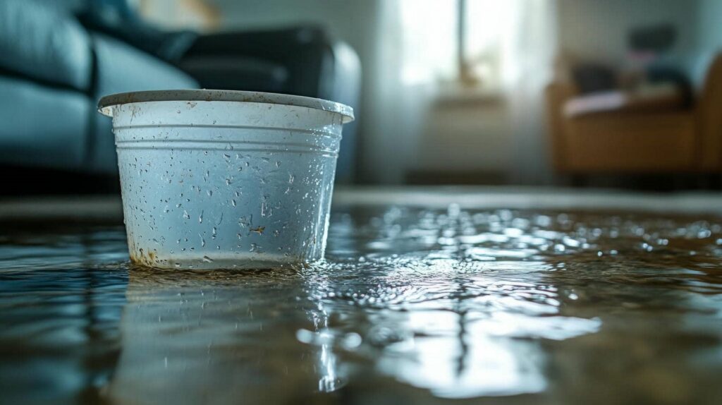 A bucket on a flooded floor inside a living room.