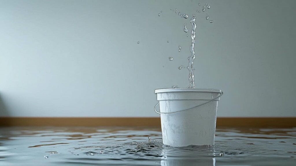 White bucket overflowing with water, causing a flood on the floor.