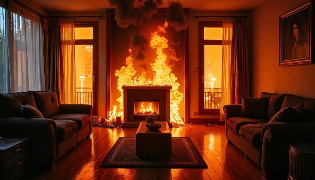 Fire blazing intensely in a living room fireplace with flames spreading around it.