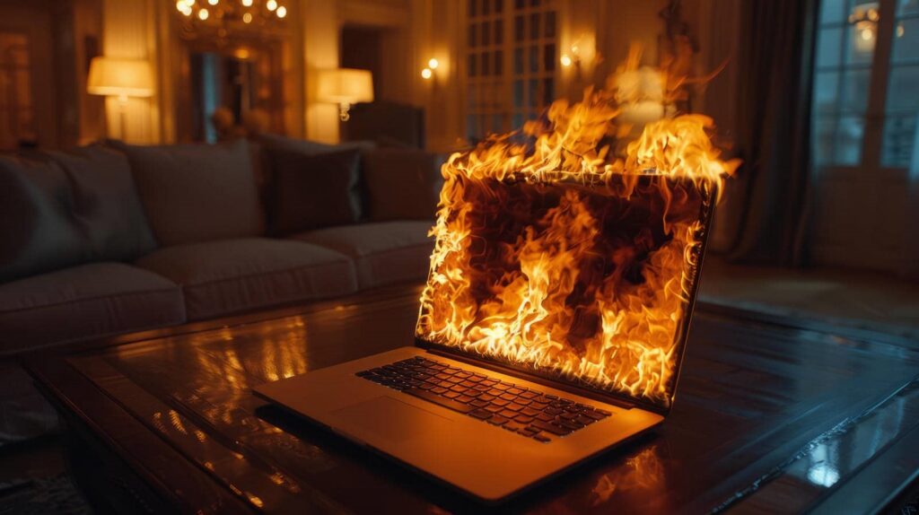 Laptop on a table with its screen engulfed in flames in a dimly lit living room.