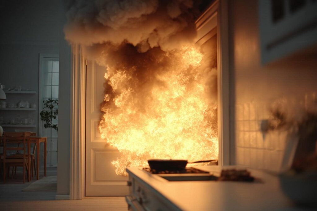 Kitchen stove engulfed in large flames and thick smoke.