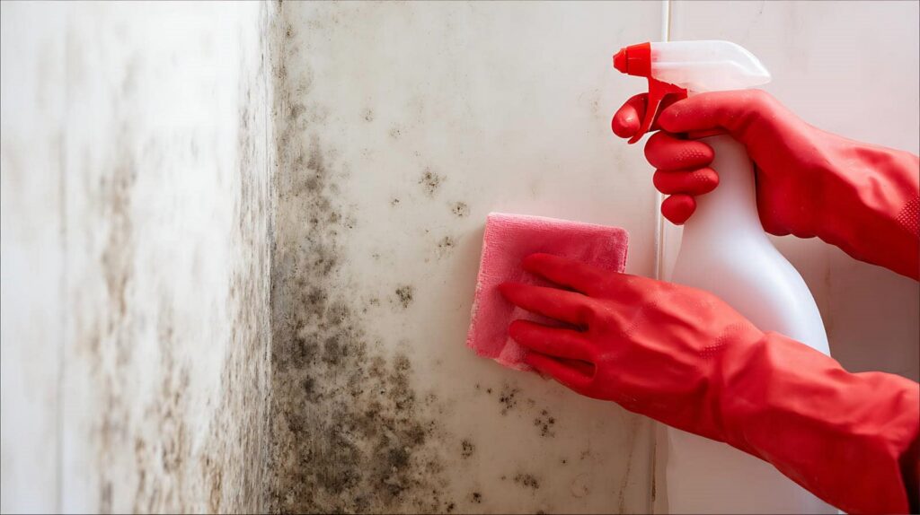 Hands in red gloves cleaning moldy wall with spray bottle and cloth.
