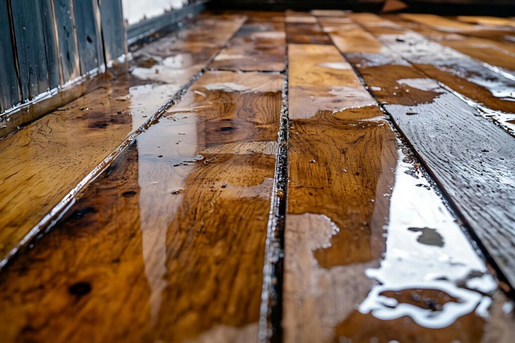 Wet wooden floorboards with water puddles reflecting light.
