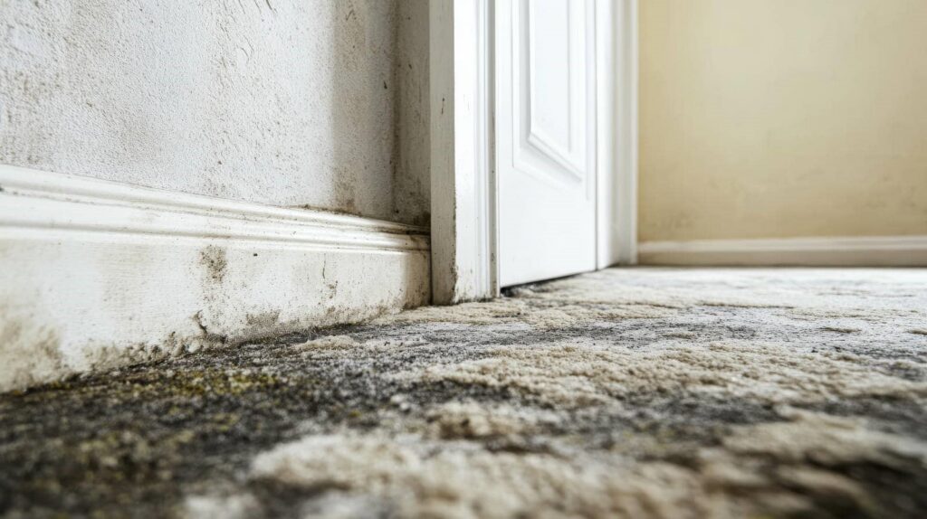 Mold and dirt buildup along a carpeted floor and baseboard near a white door.