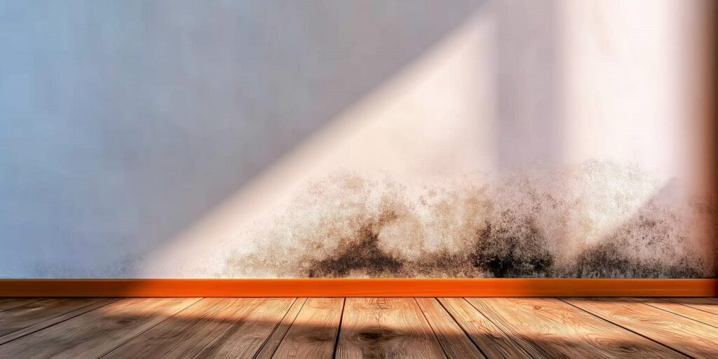 Sunlight on a wall with black mold growth near the wooden floor and baseboard.