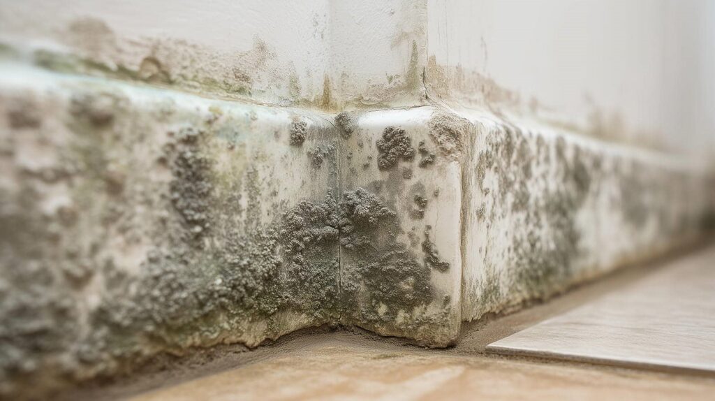 Mold growth on the lower corner of a tiled wall near the floor.