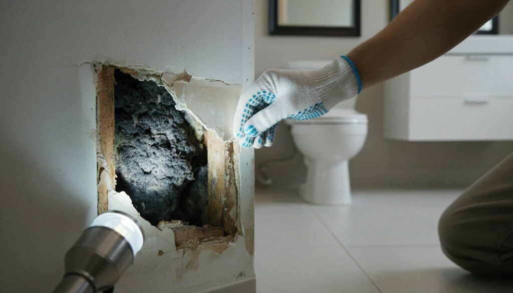 Hand in glove inspecting mold inside a damaged bathroom wall with a flashlight.