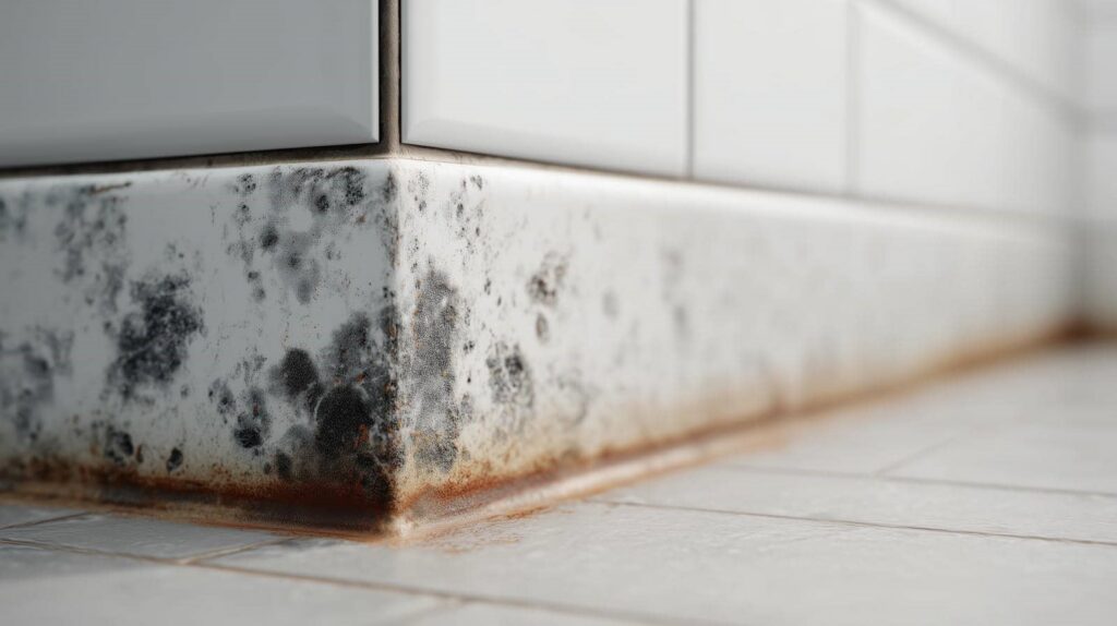 Corner of a tiled wall with black mold and rust stains near the floor.