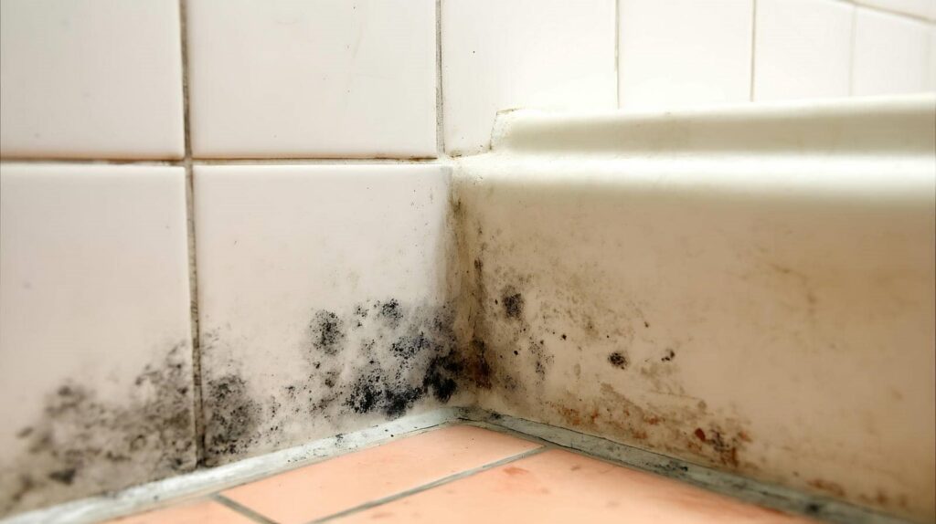 Black mold growing on the corner of white bathroom tiles and bathtub base.