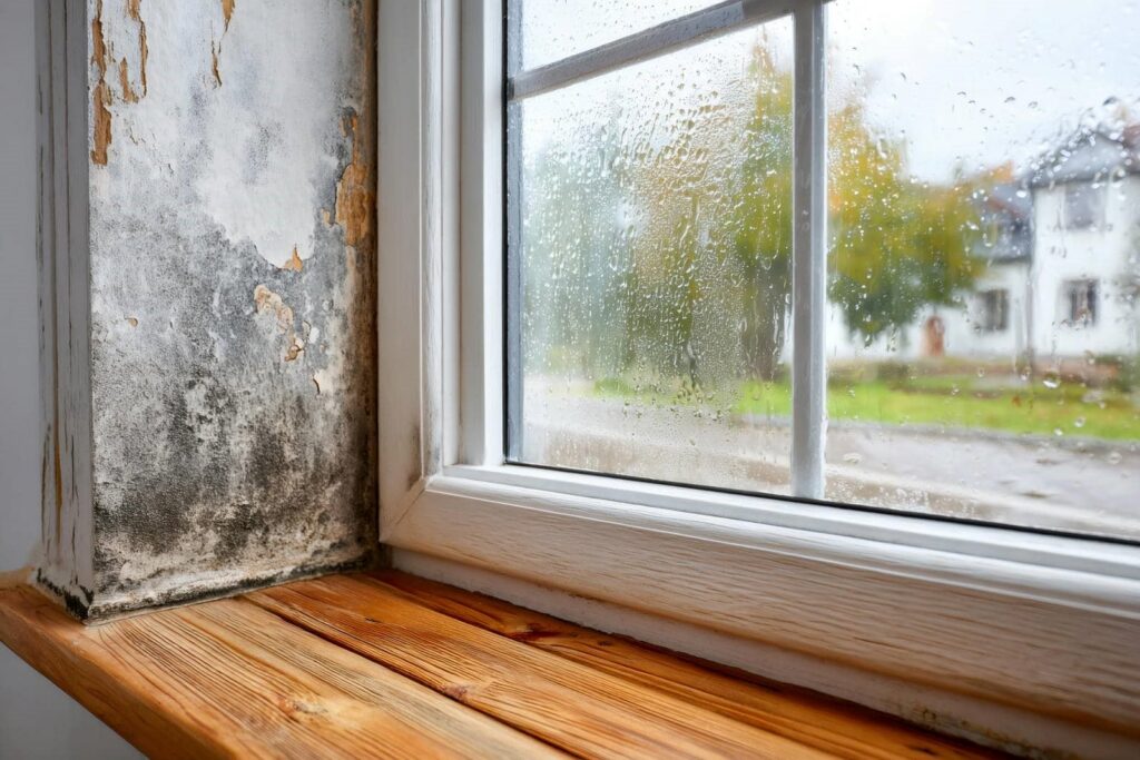 Peeling paint and mold on a wall corner next to a rain-covered window with a wooden sill.