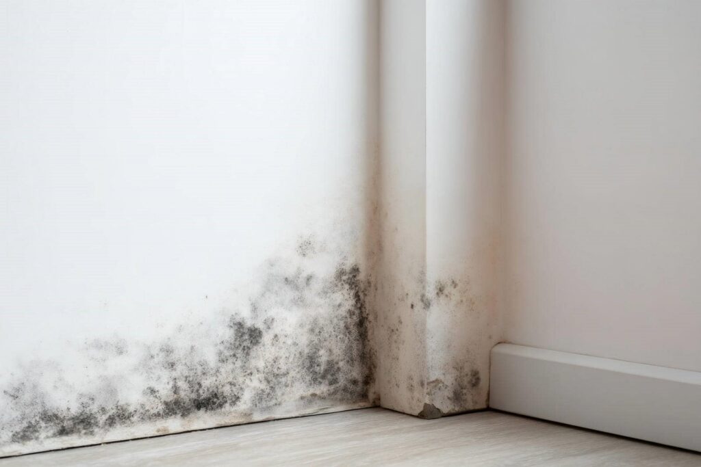 Black mold growing on the lower corner of white walls near the floor.