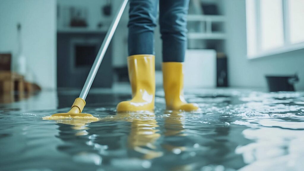 Person in yellow boots mopping a flooded floor indoors.