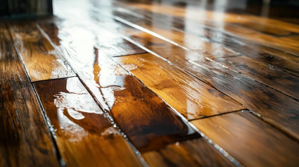 Wet wooden floorboards reflecting light from windows.