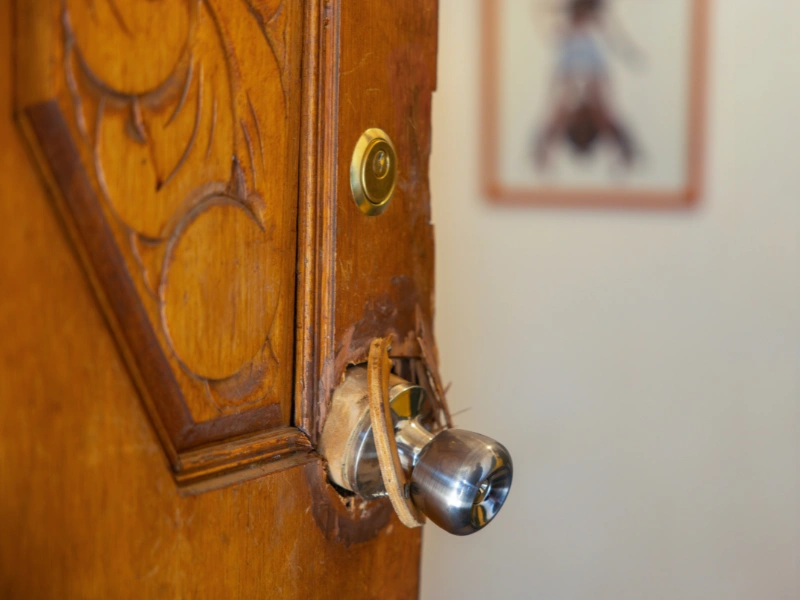 Wooden door with a damaged area around a metal doorknob and a brass lock above it.