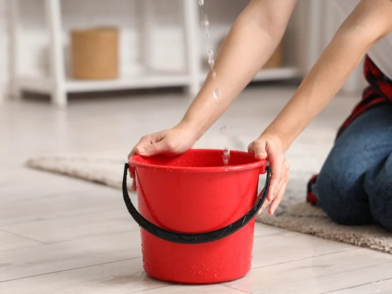Hands holding a red bucket on the floor as water is poured into it.