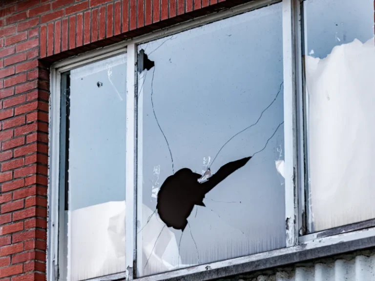 Broken window pane with a large hole and cracks in a brick building.