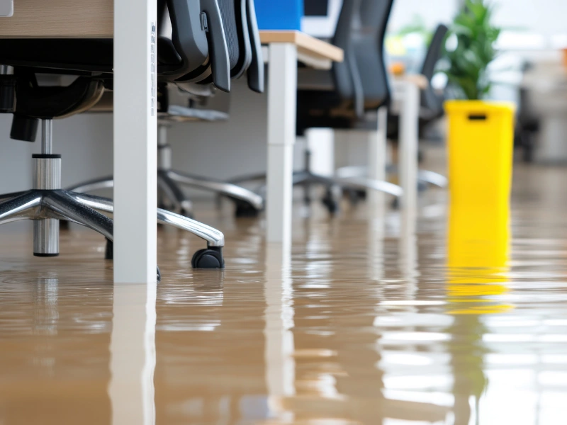 Office floor flooded with water around desk chairs and a yellow caution sign.