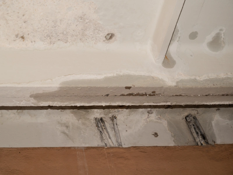 Water damage and mold stains on a ceiling near a corner with peeling paint.