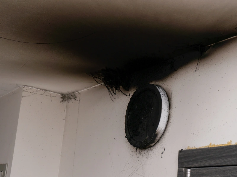 Smoke and soot damage around a circular wall fixture near the ceiling corner.
