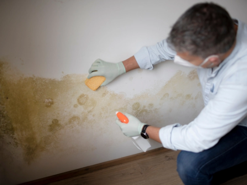 Person wearing gloves and a mask cleaning mold off a wall with a sponge and spray bottle.