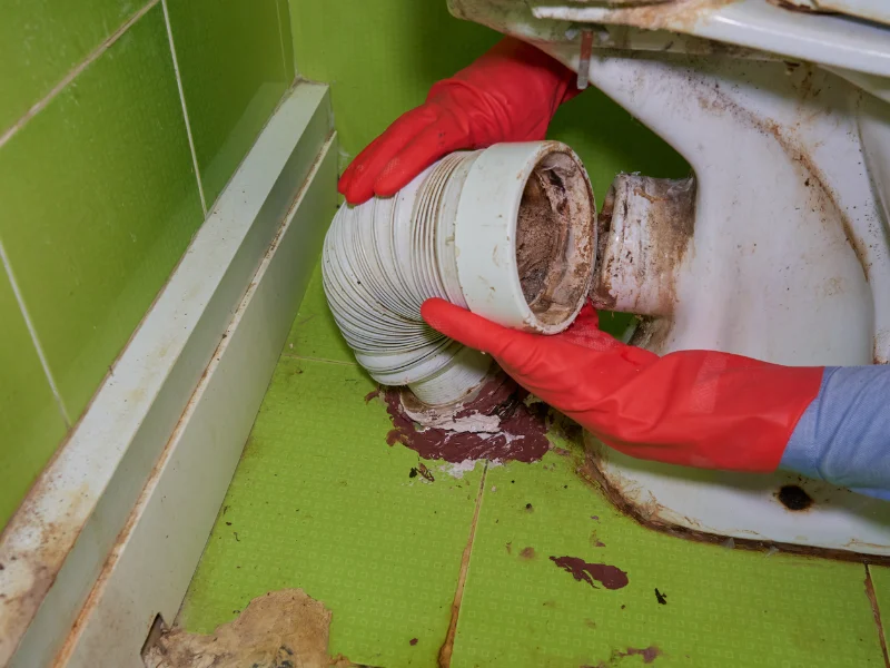 Hands in red gloves holding a disconnected toilet drain pipe next to a dirty toilet base.