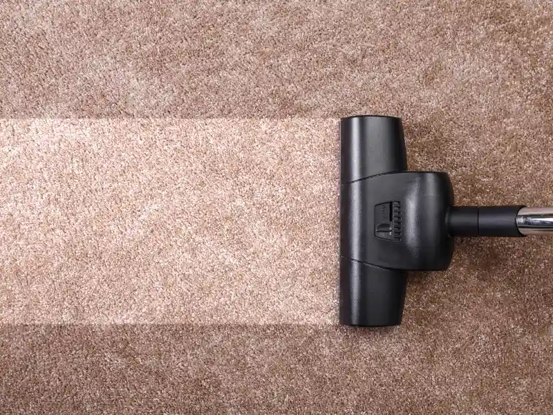 Vacuum cleaner head cleaning a beige carpet, showing a clear cleaned strip.